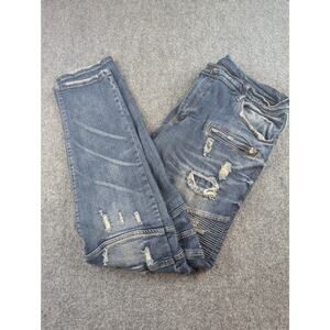 Preme Jeans Mens 42x34 Blue Distressed Moto Biker Denim Stacked Ruched Pants
